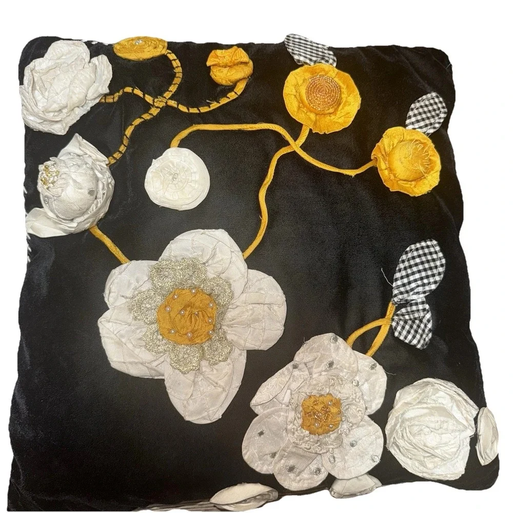 Mackenzie Childs Gardenia Square  Black Velvet Pillow, Raised Appliqué, 17 x 17